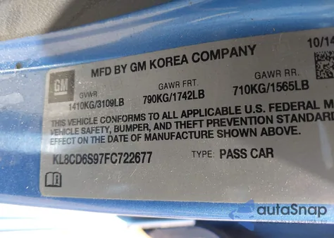 2015 Chevrolet Spark 1Lt Cvt z USA, uszkodzony, nr VIN KL8CD6S97FC722677